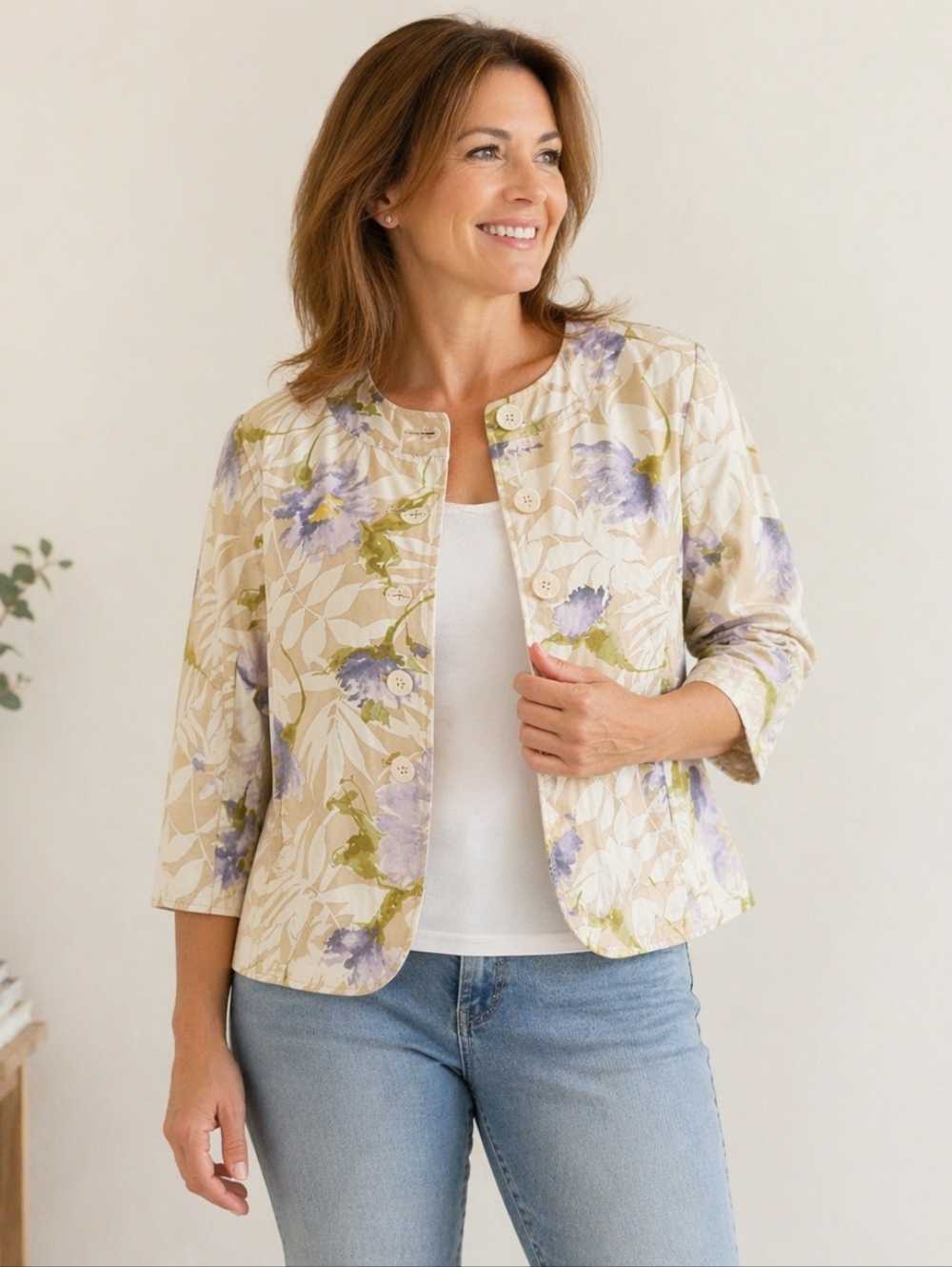 Coldwater Creek Floral Jacket Womens Size 16 Beige Purple Cotton Button Front